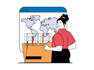 Digital business concept with character situation. Businesswoman develops international company, enters global markets, increases income. Illustrations with people scene in flat design for web