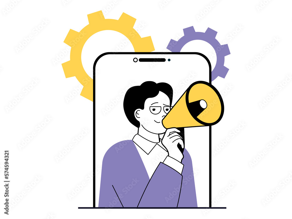 Aufkleber Digital marketing concept with character situation. Man with megaphone makes advertising campaign using creative content for smartphone. Illustrations with people scene in flat design for web