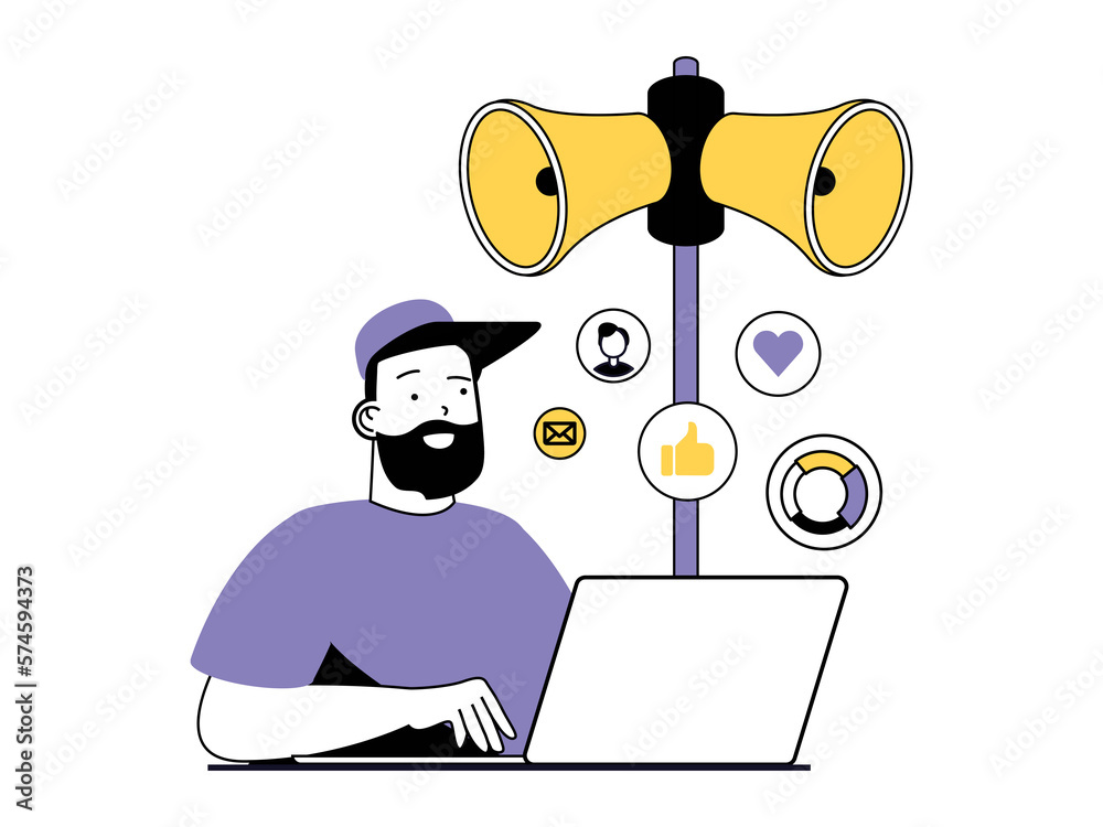 Poster digital marketing concept with character situation. man works on laptop, analyzes social media users