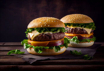 Fresh tasty burger on dark background, AI Generated