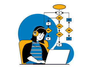 Education concept with character situation. Woman student studying algorithms using laptop, preparing for lessons and doing homework. Illustrations with people scene in flat design for web