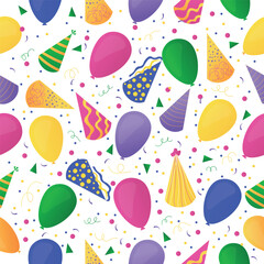 Many bright party hats and balloons on white background. Banner for design