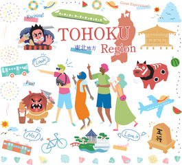 Fototapeta premium 日本の東北地方の夏の名所観光を楽しむ観光客、アイコンのセット（フラット）