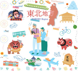 日本の東北地方の夏の名所観光を楽しむシニア夫婦、アイコンのセット（フラット）