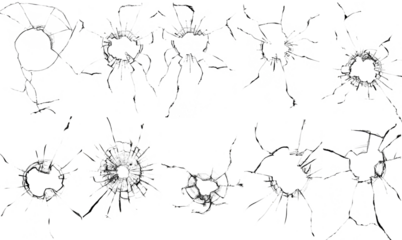 Cracked Glass Textures for Design. Window Cracks and Broken the effect of a hole in a window from a break.