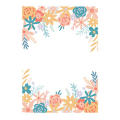 Fototapeta na wymiar Floral rectangular rustic frame. Template for invitations, greetings, postcards, brochures and flyers. Flowers, herbs and foliage decor with empty space for text. Isolated Blank, vector illustration