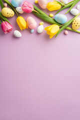 Easter decorations concept. Top view vertical photo of yellow pink tulips and colorful easter eggs on isolated lilac background with copyspace