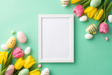 Easter celebration concept. Top view photo of white photo frame colorful easter eggs and bunches of tulips on isolated teal background with blank space