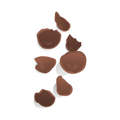 Pieces of broken chocolate Easter eggs on white background