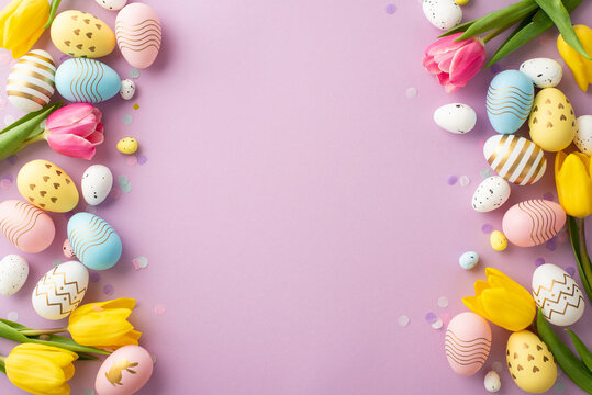 Easter decor concept. Top view photo of colorful easter eggs flowers yellow pink tulips and confetti on isolated lilac background with empty space