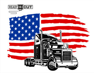  Classic american semi truck. Isolated vehicle with USA flag on white background. Prepared for printing and cutting (Cricut, Silhouette, Cameo). 