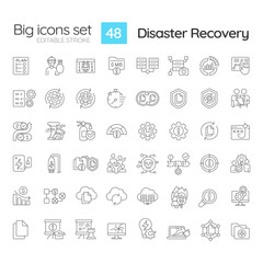 Disaster recovery linear icons set. Maintain infrastructure. Data loss prevention. Protect computer system. Customizable thin line symbols. Isolated vector outline illustrations. Editable stroke