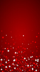 Naklejka na ściany i meble Snowfall overlay christmas background. Subtle flying snow flakes and stars on christmas red background. Festive snowfall overlay. Vertical vector illustration.