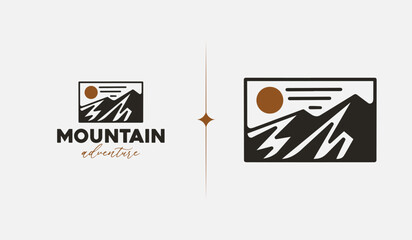 Mountain Hill Top Sun Rays monoline. Universal creative premium symbol. Vector sign icon logo template. Vector illustration