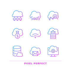 Access to data on cloud based resources pixel perfect gradient linear vector icons set. Computing system features. Thin line contour symbol designs bundle. Isolated outline illustrations collection