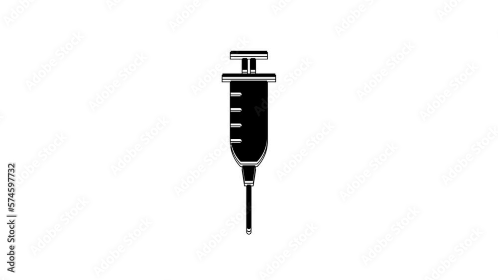 Sticker Black Syringe icon isolated on white background. Syringe for vaccine, vaccination, injection, flu shot. Medical equipment. 4K Video motion graphic animation