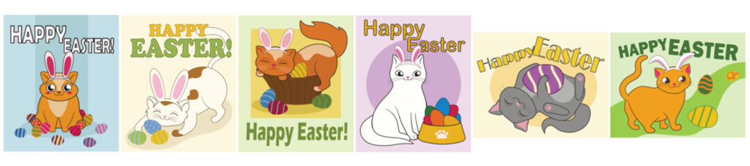 Set of cute Easter greeting cards with funny cats and painted eggs