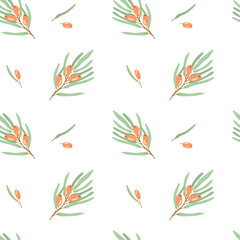 Seamless pattern of branches with orange berries and leaves on a white background. Vector simple sea buckthorn ornament.