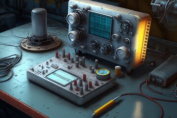 Fototapeta premium Workplace with an unusual invention. High resolution, illustration, detailed, table, gadget, device, innovation, idea, mechanism, system, intellect, work, skills. Engineering concept. AI