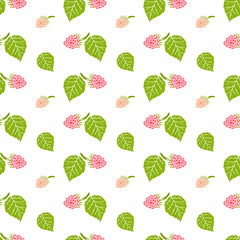 Seamless pattern of branches with raspberries and leaves on a white background. Vector simple ornament.