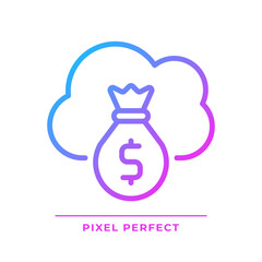 Cloud service cost pixel perfect gradient linear vector icon. Expenses for virtual servers usage. Online payments. Thin line color symbol. Modern style pictogram. Vector isolated outline drawing