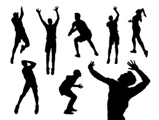 silhouette of a person playing volleyball. silhouette of volleyball player vector file. volleyball game. volleyball smashes. volleyball competition illustration.