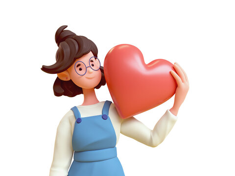 Portrait of cute casual kawaii funny smiling brunette asian k-pop girl in glasses wears blue overalls holding red heart shape with hand. I Love You. Minimal style. 3d render isolated transparent