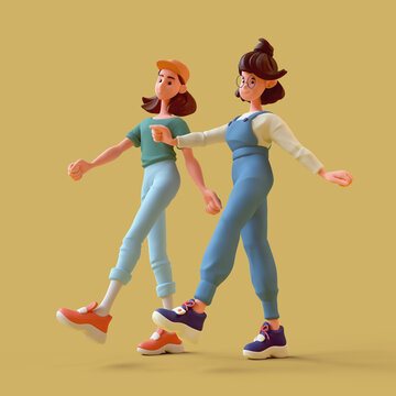 Two excited cute asian active brunette k-pop girls in fashion casual blue green clothes are walking. Youth start-up for students, business education, internship, teamwork. 3d render on yellow backdrop