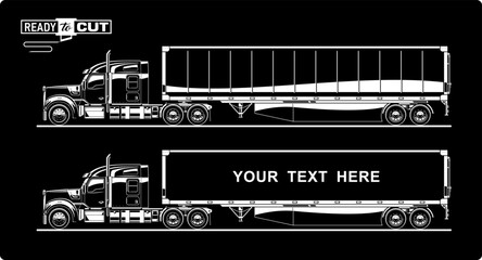  Classic american semi truck. Isolated vehicle with trailer on black background. Side view. Prepared for printing and cutting (Cricut, Silhouette, Cameo). 