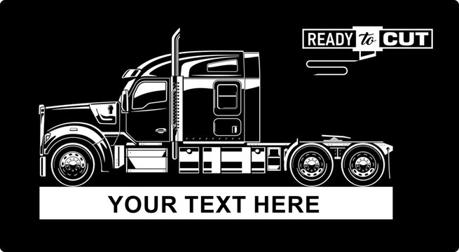  Classic american semi truck. Isolated vehicle on black background. Side view. Prepared for printing and cutting (Cricut, Silhouette, Cameo). 