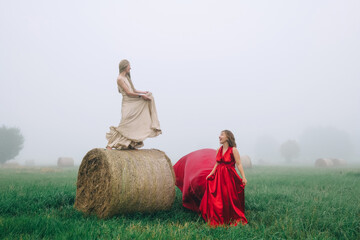 Two beautiful women in long dresses posing in haystack field
