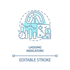 Lagging indicators turquoise concept icon. Type of economic analysis elements abstract idea thin line illustration. Isolated outline drawing. Editable stroke. Arial, Myriad Pro-Bold fonts used