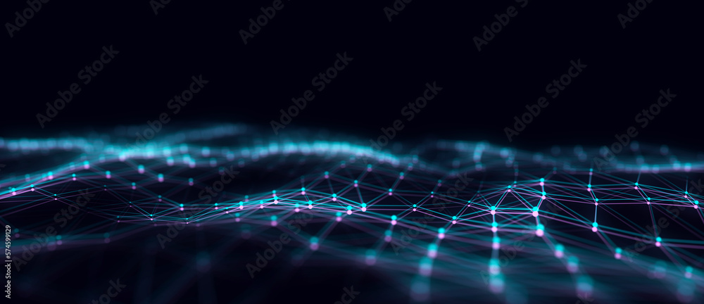Poster Technology blue wave with lines. Big data visualization. Analytics representation. Digital background with glitch effect. 3d rendering.