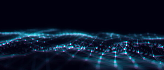 Technology blue wave with lines. Big data visualization. Analytics representation. Digital background with glitch effect. 3d rendering.