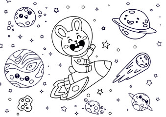 Cute astronaut rabbit coloring page