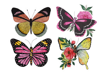 Watercolor illustration four spring butterflies