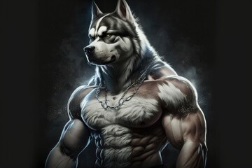 Fototapeta na wymiar ai generated stock image of a husky with strong muscle torso, generative ai wallpaper of a dog bodybuilder