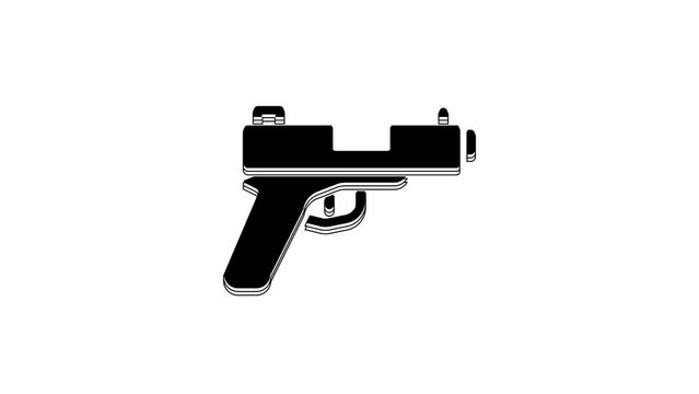 Black Pistol or gun icon isolated on white background. Police or military handgun. Small firearm. 4K Video motion graphic animation