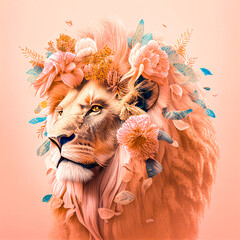 Pastel pink animal concept, love animal covered with fresh spring flowers all over its body. Pink lion. Illustration. Generative AI.