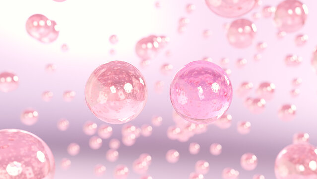 3D rendering Cosmetics Pink Serum bubbles on defocus background. Collagen bubbles Design. Moisturizing Essentials and Serum Concept. Vitamin for personal care and beauty concept.