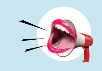 Megaphone and big screaming mouth on color background