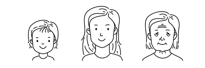 Vector woman face. Different ages life stages person icon. Lifetime phase, cycle. Cartoon characters avatars people. Baby, child, teenager, adult, mature, old persons generation. Line illustration