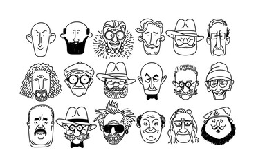Old man face, senior, mature, different age generation. Adult people, diverse characters set. Elderly person. Collection of facial expressions. Vector cartoon hand drawn sketch line Illustration