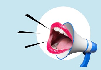 Megaphone and big screaming mouth on color background