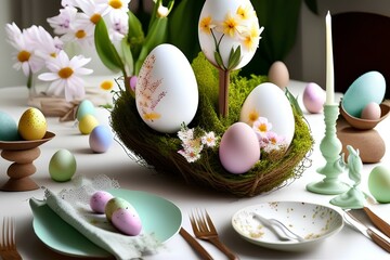 Fototapeta na wymiar Easter decor in a natural style. Flowers in an eggshell. Easter Table Settings. Zero waste concept and handmade decor - generative ai