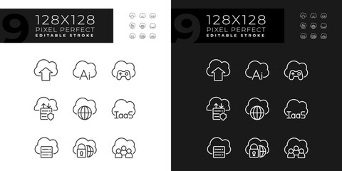 Cloud based service for data processing pixel perfect linear icons set for dark, light mode. Information on internet. Thin line symbols for night, day theme. Isolated illustrations. Editable stroke