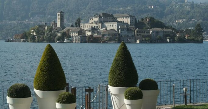 Orta. Lake Orta and the island of San Giulio.Ancient Italian village in the middle of the lake. Orta San Giulio, Piedmont, Italy