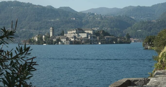 Orta lake. Lake Orta and the island of San Giulio.Ancient Italian village in the middle of the lake. Orta San Giulio, Piedmont, Italy