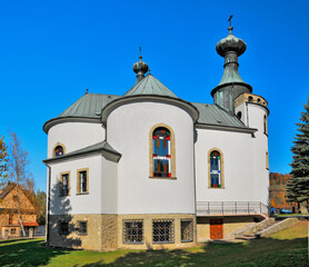 Fototapeta na wymiar Greek Catholic Orthodox church of the Dormition of the Mother of God. Klimkowka, Podkarpackie Voivodeship, Poland.