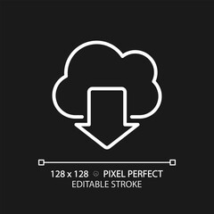 Download data from cloud based storage pixel perfect white linear icon for dark theme. Free access to information on internet. Thin line illustration. Isolated symbol for night mode. Editable stroke